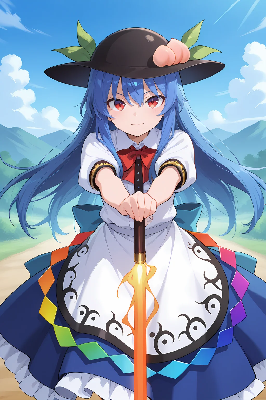 absurdres, highres, masterpiece, best quality, amazing quality, official anime artwork, screencap, anime screencap, outdoors, looking at viewer, light smile, dynamic pose,
<lora:Tenshi-Hinanawi_Illustrious:1> hinanawi tenshi, 1girl, solo, red eyes, blue hair, long hair, hat, peach hat oranement, red bowtie, white shirt, short sleeves, apron, petticoat, blue skirt, holding sword of hisou,