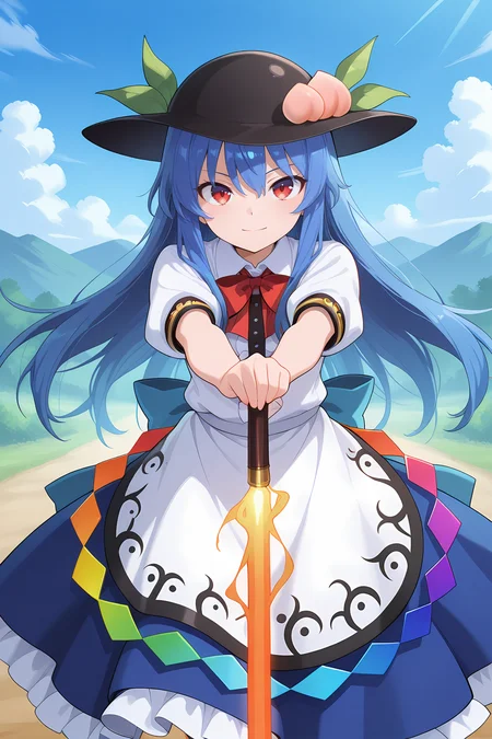 absurdres, highres, masterpiece, best quality, amazing quality, official anime artwork, screencap, anime screencap, outdoors, looking at viewer, light smile, dynamic pose,
 <lora:Tenshi-Hinanawi_Illustrious:1> hinanawi tenshi, 1girl, solo, red eyes, blue hair, long hair, hat, peach hat oranement, red bowtie, white shirt, short sleeves, apron, petticoat, blue skirt, holding sword of hisou,