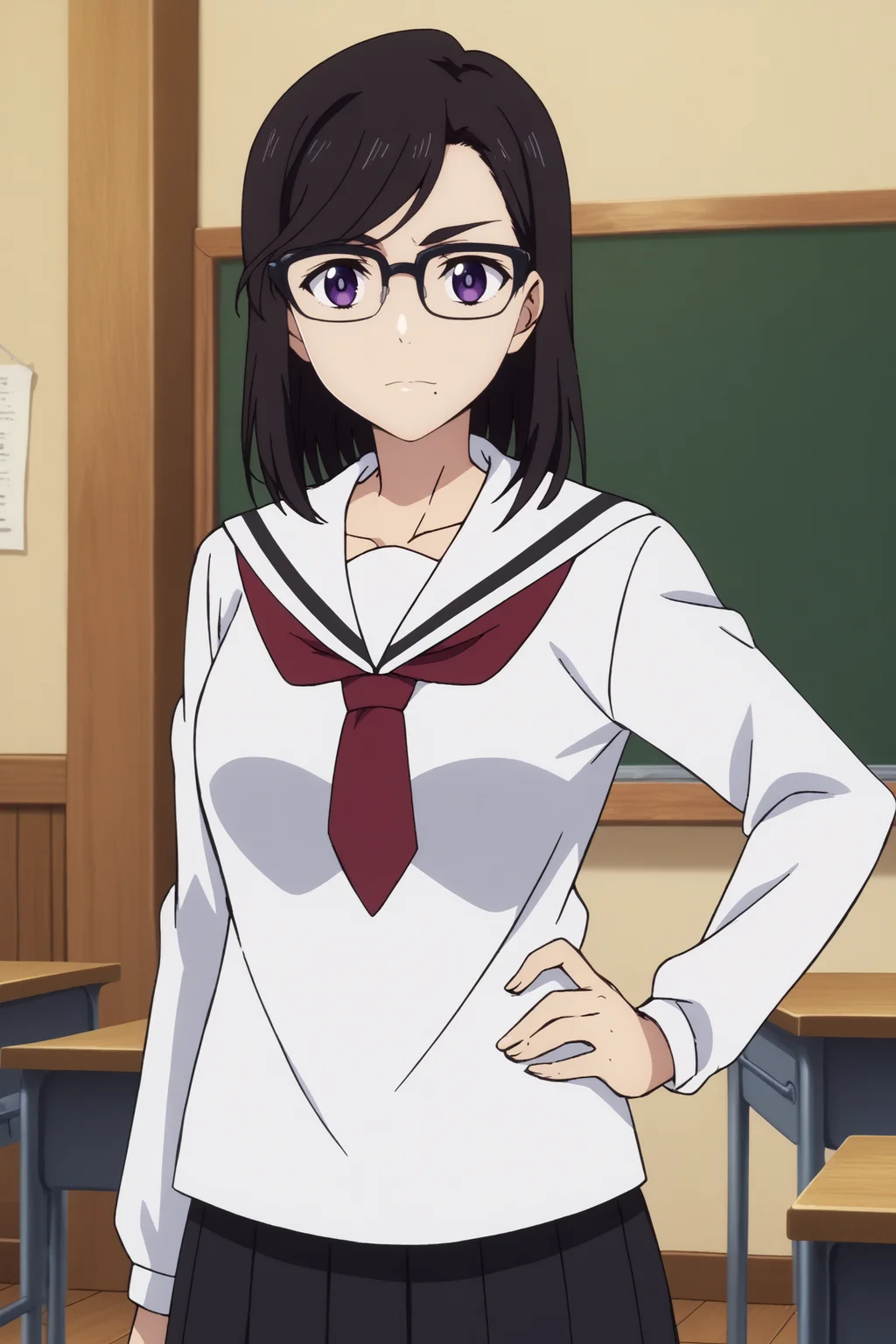 hizuru minakata,1girl,solo,glasses,breasts,serafuku,school uniform,white sailor collar, mole under mouth,long_hair, looking at viewer,black-framed eyewear,bangs,standing,hand_on_hip,light smile BREAK indoors,classroom, <lora:Hizuru_Minakata_-_Summer_Time_Rendering.safetensors:0.8> <lora:detailed_backgrounds_v2.safetensors:0.5>