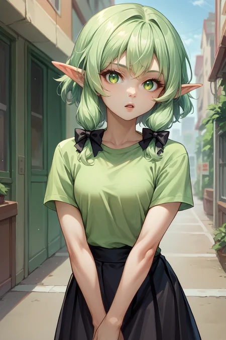score_9, score_8_up, score_7_up, score_6_up, source_anime, 1girl, solo  <lora:gself-pdxl-nvwls-v1-000005:1> gself, pointy ears, green hair, green eyes, sidelocks, black bow, green t-shirt, black skirt, looking at you, chestnut mouth, city
