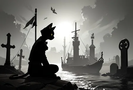 (masterpiece), (score_9, score_8_up, score_7_up,source_anime), 4K8K,
cat, focus. punk, male, 
(scope view, far view), (silhouette cat, black and white cat, tuxedo cat, solo), (solo:1.3), (sitting), scenery, 
(leather culottes),  (backlighting, silhouette:1.3), 
outdoors, (Viking Ship, graveyard, A battered ship that ran aground), 
<lora:harada_miyuki_style:1>
<lora:backlighting-000001:1>