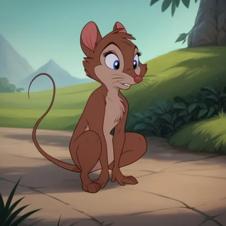 score_9, score_8_up, score_7_up, score_6_up, score_5_up, score_4_up, source_furry, brisbytson, semi-anthro, female, mouse, brown fur, chest tuft, blue eyes, whiskers, outside, barefoot, crouching, hand on ground,