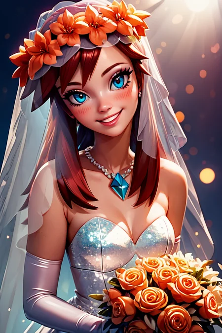 score_9, score_8_up, score_8, medium breasts, (curvy), cute, eyelashes, BREAK, , zzMelody, <lora:Melody_Pokemon_PDXL:1.0>, , BREAK, (ultra realistic,32k, masterpiece:1.2),(high detailed skin:1.1),( high quality:1.1), curvy, head tilt, hearts, blush, lips, curvy, head tilt, shiny clothes, (upper body), looking at viewer, bokeh, luminescent background, smile, looking at viewer, bride, wedding dress, bridal veil, strapless dress, elbow gloves, holding bouquet, hearts, white outline, cowboy shot, embedding:zPDXL, Expressiveh, <lora:RlAnmPDXL:1.0>,