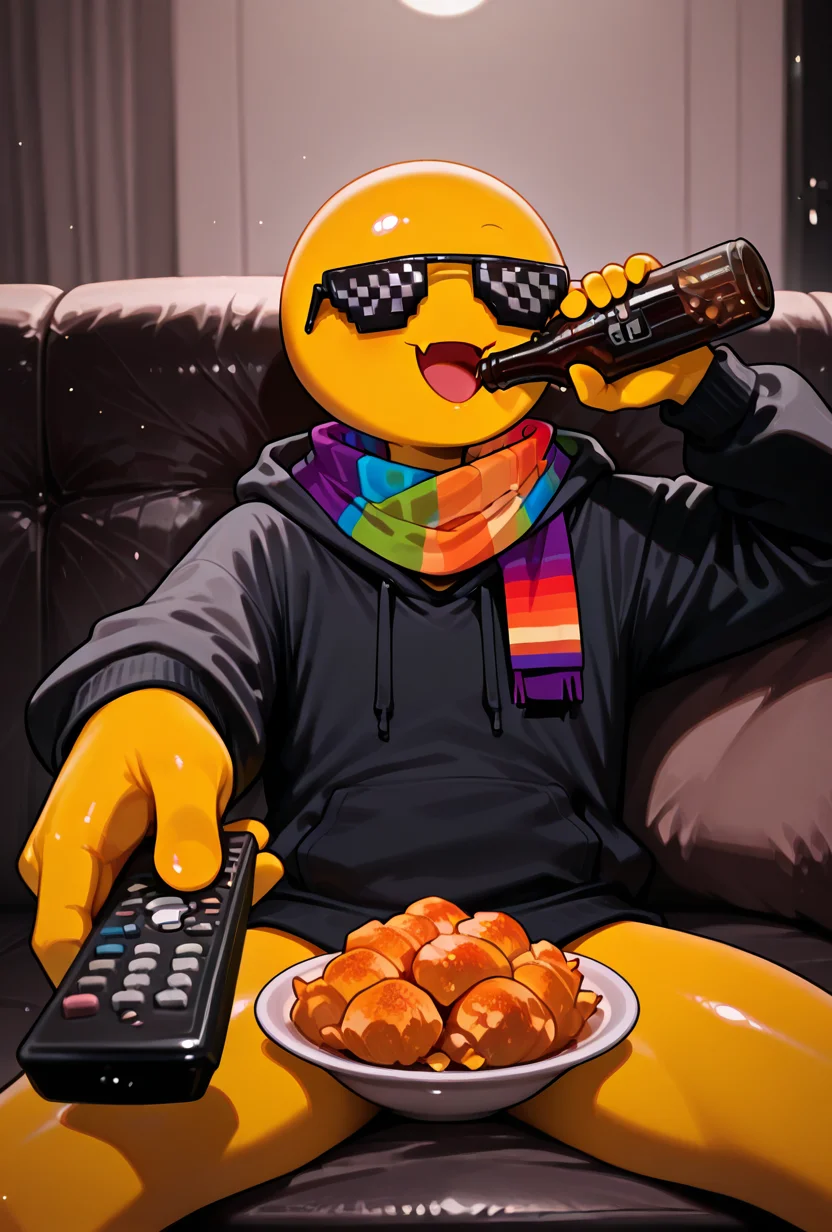 <lora:xmattar-10:1> xmattar, open mouth, rainbow scarf, , solo, smile, pixel sunglasses, 1boy,black hoodie, yellow skin, circular head,, <lora:ManWatchingTVMeme_illusXLNoobAI_Incrs_v1:1> sitting, holding bottle, holding remote control, controller, on couch, drinking, looking at viewer, food, masterpiece, best quality, amazing quality, very aesthetic, absurdres, newest,