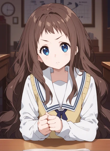 score_9,score_8_up,score_7_up,source_anime,anime,nsfw,rating_explicit,uncensored,High quality,Ultra detailed,best quality,insanely detailed,beautiful,masterpiece,perfect lighting BREAK
<lora:shindou_ai_V1:1>,(shindou_ai, long hair, brown hair, blue eyes, school uniform, serafuku, sailor collar, black socks,blue ribbon,grey skirt,long sleeves,pleated skirt,shoes,white sailor collar,sweater vest,white shirt),1girl,solo,serious,thinking,indoors,looking_at_viewer,solo_focus,front view,