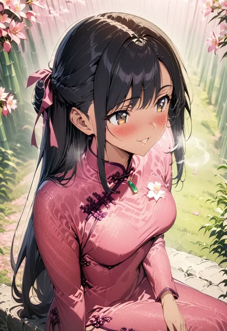gorgeous lips, cinematic, (masterpiece), (best quality), (ultra-detailed), very aesthetic, illustration, perfect composition, intricate details, absurdres, detailed face, (anime, masterpiece, intricate:1.3), (best quality, hires textures, high detail:1.2)side angle, from the side, outdoors
BREAK, a anime girl with very long black hair, straight hair styled in a half up do, Chinese bamboo forest, 1girl, solo, side swept bangs, medium breasts, long hair, black hair,  pink long flowing silk cheongsam, long sleeves, white slippers, necklace, hair ribbon, white hair ribbon, smiling, hair blowing in the wind, cheongsam blowing in the wind,  blush, full shot, collarbone, plants, brown eyes, perfect eyes, beautiful cherry blossom trees in the background, morning time, cherry blossom season, chilly weather, breath fog, cherry blossom petals in the wind, windy weather, dolly shot,
BREAK, Holding a pink lilly flower, smelling the flower, happy mood, sitting on a rock surrounded by pink lillies, pink flowers cover the ground, soft lighting