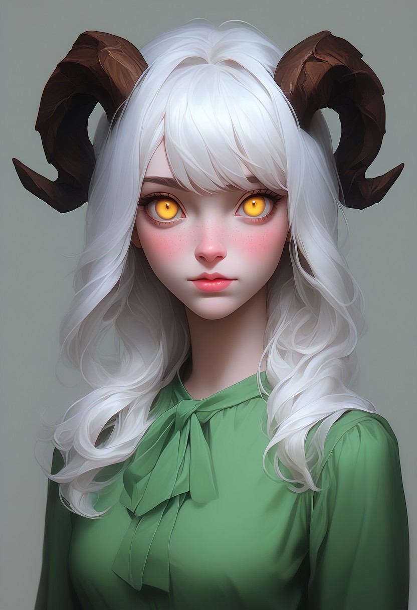 score_9, score_8_up, score_7_up, BREAK beautyfull color, aesthetic, 2d, Casgas, BREAK 1girl, solo, twisted ram's horns, freckles, white hair, long bangs, golden eyes, vertical pupils, pale skin, green dress, BREAK dramatic lighting, medium shot, half-sidways view