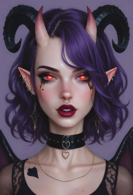 score_9, score_8_up, score_7_up, photograph, real life, extremely beautiful, (highly detailed, intricately detailed), masterpiece, 8k, HDR, best quality, (highly detailed skin), (alluring eyes), (a succubus girl), ombre hair, purple hair, glowing red eyes, mole under her eye, glossy black lipstick, black mascara, (succubus horns), (succubus wings), (succubus tail), (pale skin), (piercings)