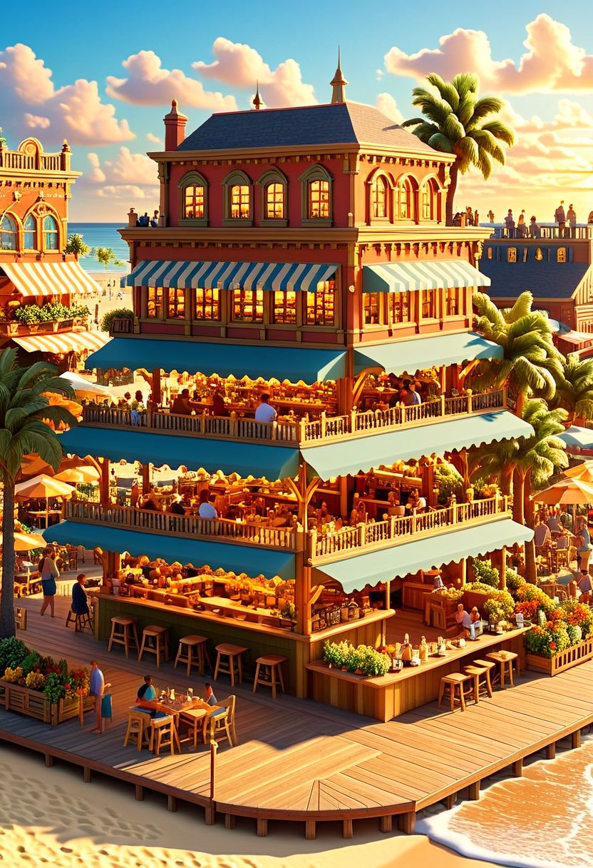ispzxll, diorama, isometric, miniature, beach scene, boardwalk, market stands, restaurant, bar, golden hour, long shadows, volumetric lighting style, pedestrian crowds, mature trees, intricate details, potted plants, ultra-detailed, 8k, fluffy clouds and setting sun in background