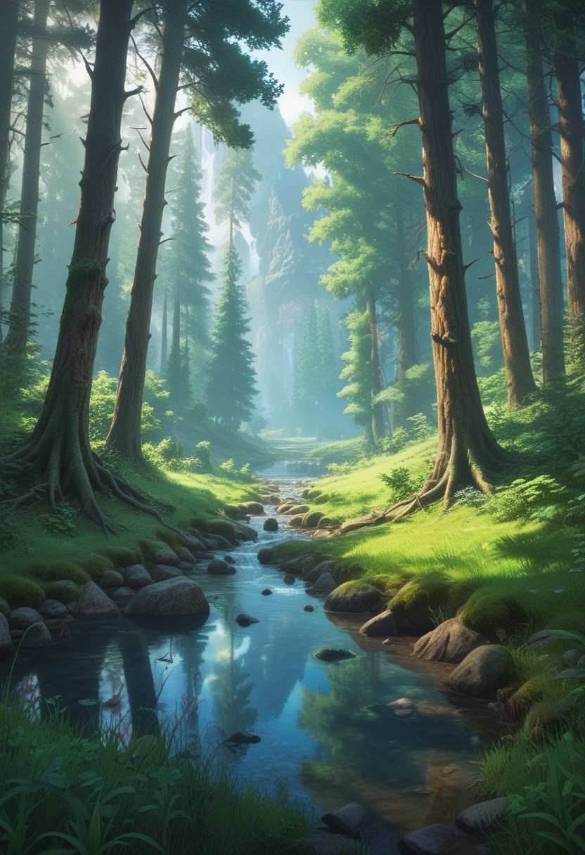 forest, scenery, outdoors, nature, water, three, grass, anime style, no humans