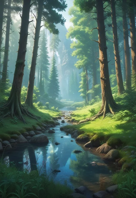 forest, scenery, outdoors, nature, water, three, grass, anime style, no humans