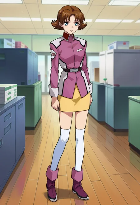 score_9,score_8_up,score_7_up,score_6_up,score_5_up,score_4_up,anime coloring,source_anime,<lora:Miriallia_Haw_Gundam_SEED_Pony:0.8>,miriallia,1girl,solo,blue eyes,brown hair,short hair,flipped hair,pink jacket,belt,yellow miniskirt,white thighhighs,pink boots,standing,indoors,office,looking at viewer,