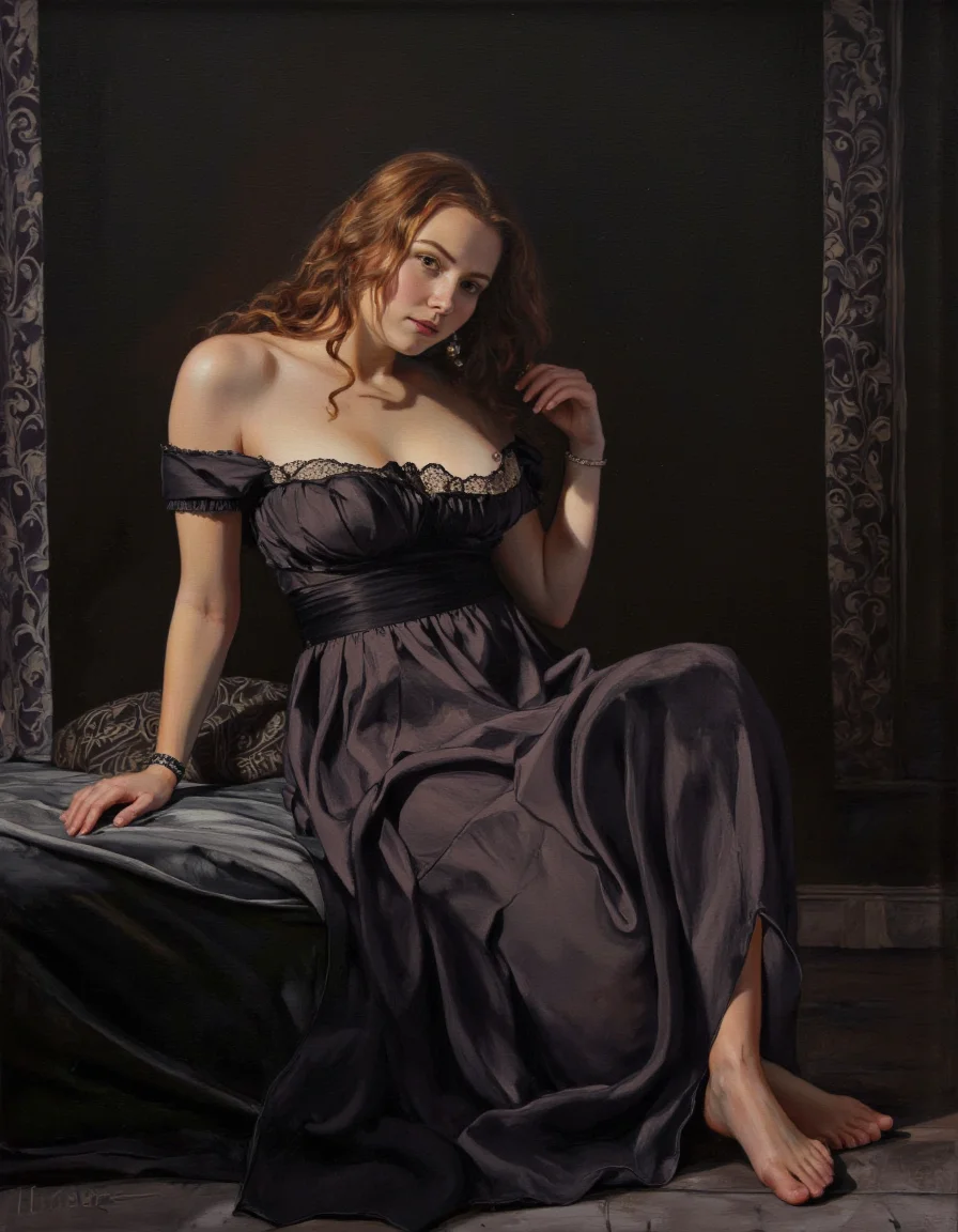 Art by Linda Delahaye. An oil painting shoot from the front about a woman sitting on a bed in a dark room, wearing a black off-the-shoulder dress with lace detailing. the image also shows a dimly lit bedroom with a dark bedspread and a dark, ornate curtain in the background. on the middle of the image, a 1woman, who appears to be in her early twenties, with long, wavy brown hair, is sitting with her legs crossed, looking directly at the camera with a serious expression. she has a slim body, large breasts, and is wearing a long, black dress with a lace trim. her hair is styled in loose waves and falls down her back. she is wearing earrings and a bracelet on her left hand. her feet are bare and her toes are visible. the lighting is soft and diffused, creating a moody atmosphere.