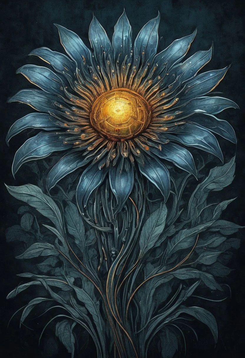Futuristic flower with organic and cybertronic elements, watercolor painting, illustration, mobe-cybideen,