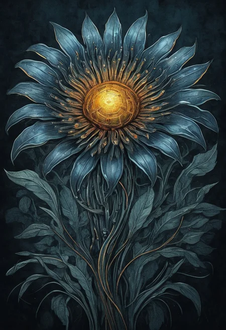 Futuristic flower with organic and cybertronic elements, watercolor painting, illustration, mobe-cybideen,