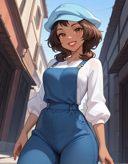 masterpiece, best quality, amazing quality, very aesthetic, absurdres,  newest, detailed background, 4k, 8k, outdoors, beautiful eyes, hyperdetailed, dynamic pose, dynamic angle,
audreyxd, 1girl, solo, dark-skinned female, medium hair, hat, lips, lipstick, brown eyes, white shirt, overall, cowboy shot, medium breasts, looking at viewer, grin, blushed,
 <lora:Audrey_Ramirez_-_Disney_Illustrious:1>