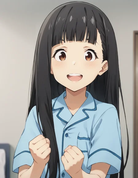 score_9, score_8_up, score_7_up, source_anime, BREAK
1girl, solo, looking at viewer, indoors, upper body, blurry background,
kaju nukumizu, long hair, black hair, blunt bangs, brown eyes, happy,
pajamas, blue shirt, short sleeves, clenched hands, 4 fingers,
<lora:kaju_nukumizu_anime_v2-soralz:0.9>