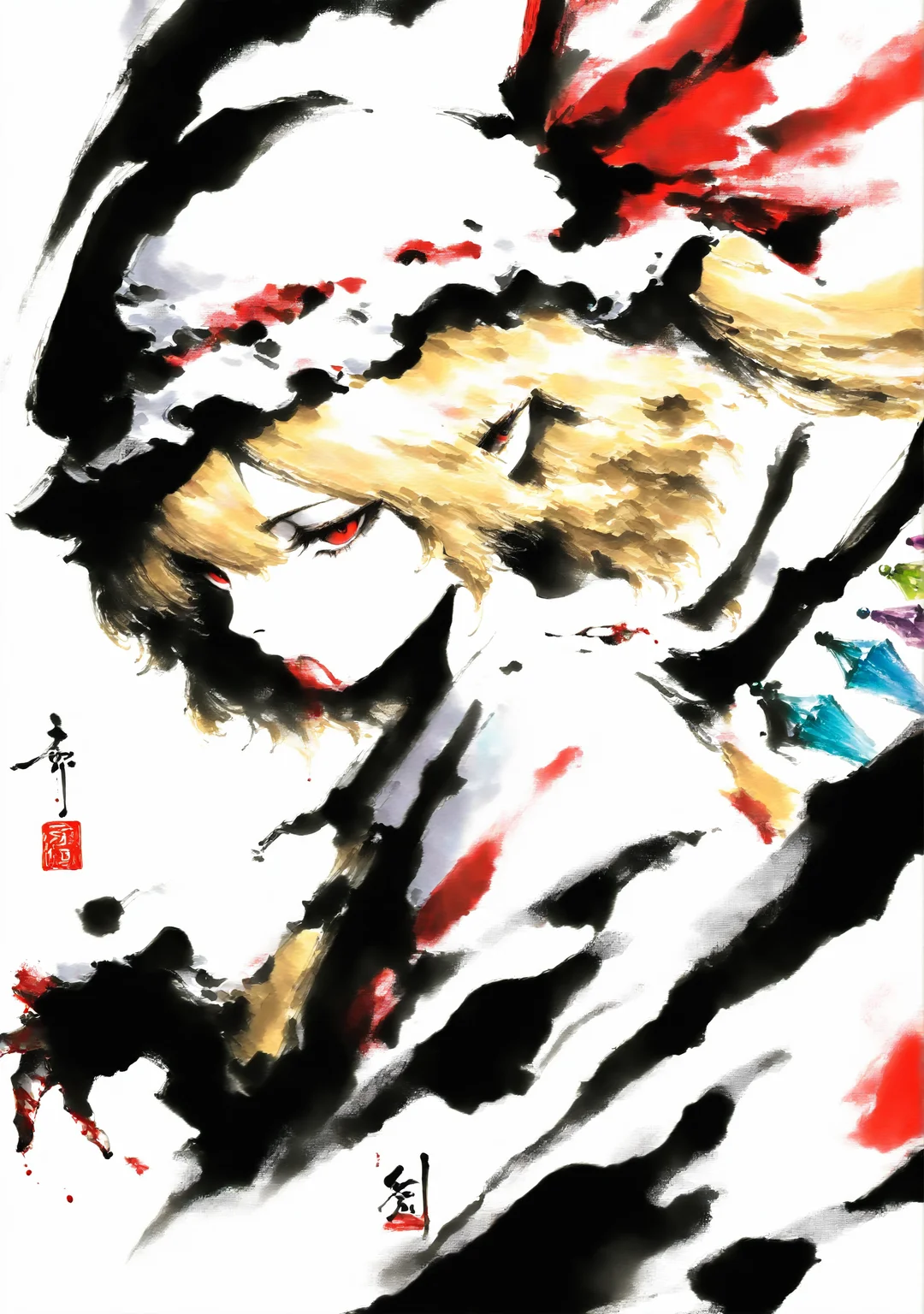 masterpiece,best quality,<lora:yi-noob:1>,ink wash painting,
1girl,solo,looking at viewer,upper body,closed mouth,white background,simple background,flandre scarlet,wings,mob cap,blonde hair,blood,expressionless,claw,wings,blood from mouth,from side,colorful wings,sharp_claw,ascot,blood on hand,