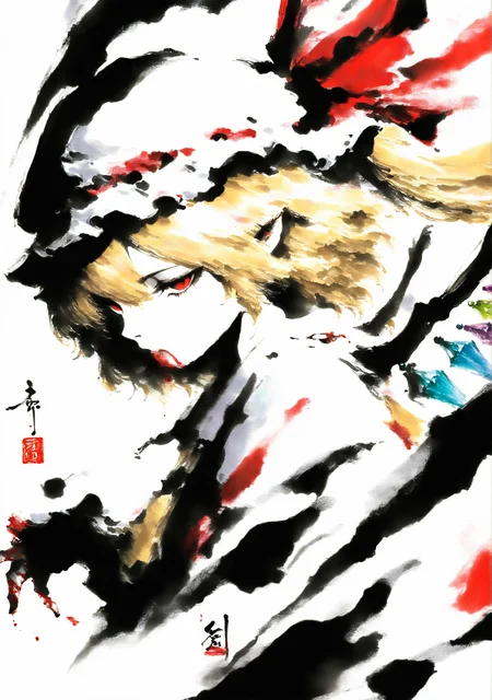 masterpiece,best quality,<lora:yi-noob:1>,ink wash painting,
1girl,solo,looking at viewer,upper body,closed mouth,white background,simple background,flandre scarlet,wings,mob cap,blonde hair,blood,expressionless,claw,wings,blood from mouth,from side,colorful wings,sharp_claw,ascot,blood on hand,