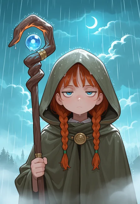 masterpiece, best quality, amazing quality, very aesthetic, high resolution, very awa,
1girl, face focus, twin braids, jitome, cloud, crescent moon, fog, holding mage staff, rain, hood up, cloak, [(realistic:0.5)::0.2],
, <lora:NOOB_EPSv1_1_detailer_by_vlnvk_v1_0:1>
, <lora:spo_sdxl_10ep_4k-data_lora_webui:.5>
,  <lora:[Style] PoivreMoulu [NoobAI-XL]:1> poivre