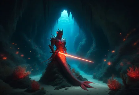 benthic merfolk, hkstyle, glowing sword, underwater cave, red glow, concept art