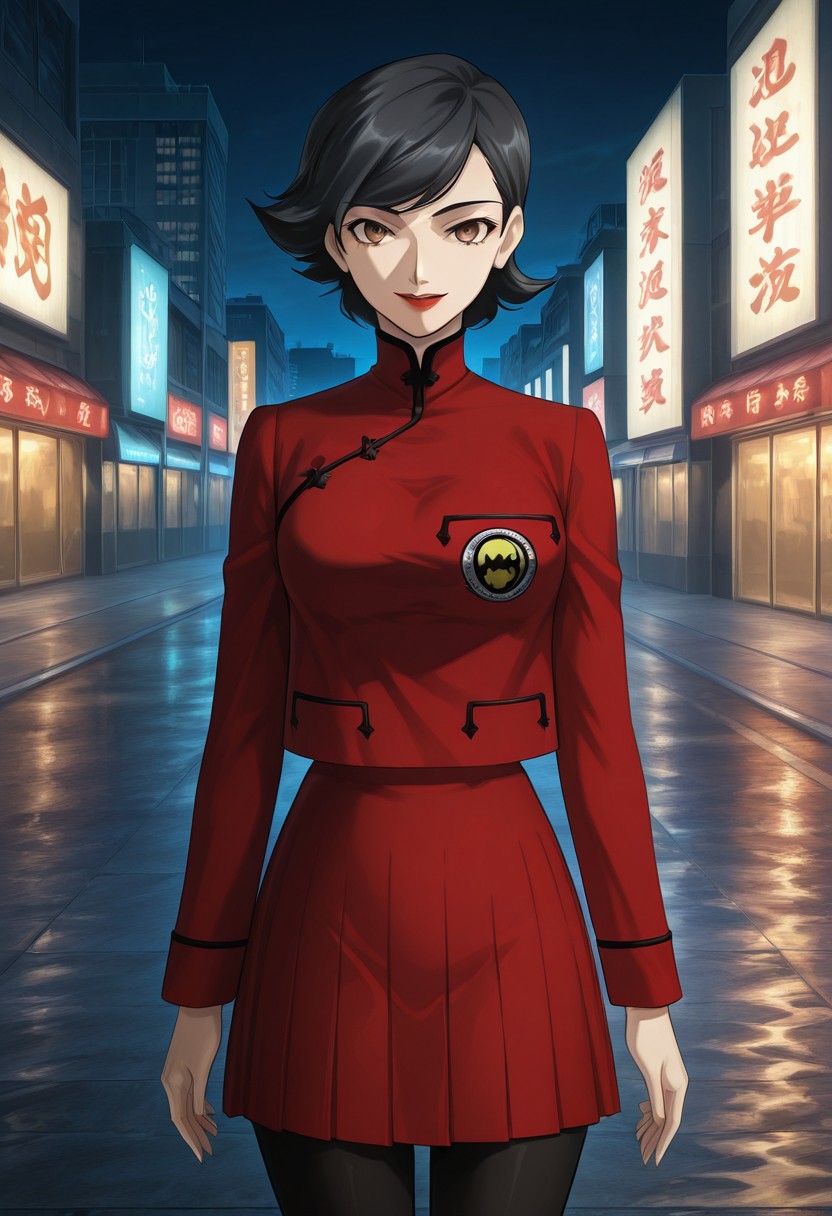 score_9,score_8_up,score_7_up,source_anime,5_figner,2d_animation,game cg,BREAK,1girl,solo,
Sagami Kei,short hair,swept bangs,black hair,brown eyes,red lips,red school uniform,red skirt,pleated skirt,black pantyhose,long sleeves,
cowboy shot,looking at viewer,smile,standing,front view,
hongkong background,building sign,dark,
masterpiece,best qualit,ultra-detailed,illustration,an extremely delicate and beautiful,beautiful detailed eyes,unity 8k wallpaper,high resolution,anime CG,official_art,Erotic_style,anime_coloring, anime_screencap,