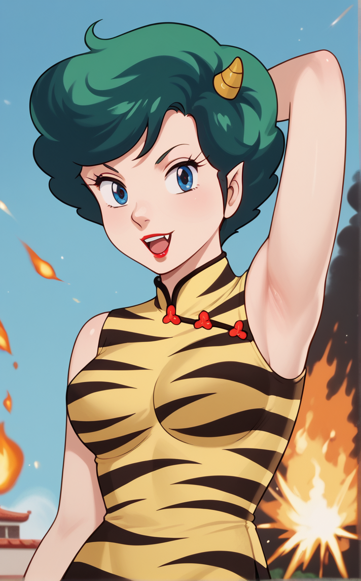 score_9, score_8_up, score_7_up, 1girl, arm behind head, explosion, fire, flame, pyrokinesis, looking at viewer, parted lips, magic, armpits, arm up, <lora:PONYXL_LumsMother_Urusei_Yatsura_ownwaifu:1>, BREAK MAIN_LumsMother_Urusei_Yatsura_ownwaifu, 1girl, eyelashes, eyeliner, lum's mother, makeup, mature female, nose, oni horns, pointy ears, sidelocks, swept bangs, short hair, blue eyes, tiger print, animal print, green hair, chinese clothes, sleeveless, china dress, breasts, sleeveless dress, yellow dress, yellow horns, bare shoulders, fangs, cone horns, tiger stripes, turtleneck, medium breasts, small horns, print dress, striped clothes, striped, side slit, lipstick, red lips, striped horns, fang out, afro, turtleneck dress,<lora:Expressive_H:0.15> <lora:add-detail-xl:0.15>,