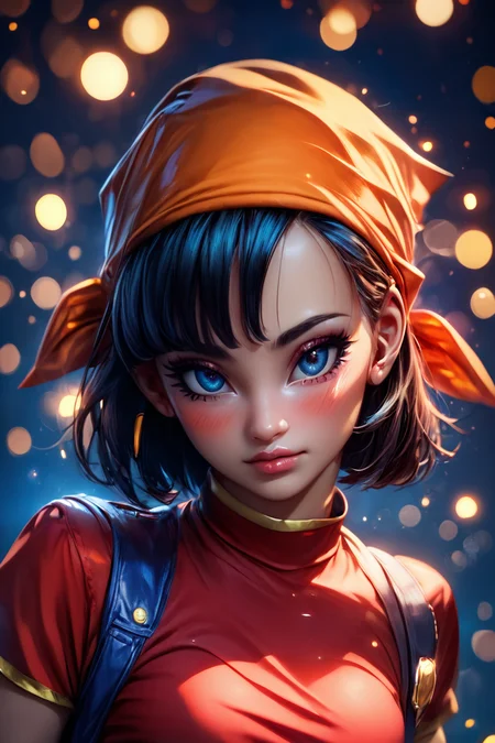 score_9, score_8_up, score_8, medium breasts, (curvy), cute, eyelashes, BREAK, , zzPan, black hair, short hair, bandana, gloves, fingerless gloves, red shirt, denim pants, <lora:Pan_Dragonball_PDXL:0.8>, , BREAK, (ultra realistic,32k, masterpiece:1.2),(high detailed skin:1.1),( high quality:1.1), curvy, head tilt, hearts, blush, lips, closed mouth, curvy, head tilt, shiny clothes, (upper body), looking at viewer, bokeh, luminescent background, embedding:zPDXL, Expressiveh, <lora:RlAnmPDXL:1.0>,