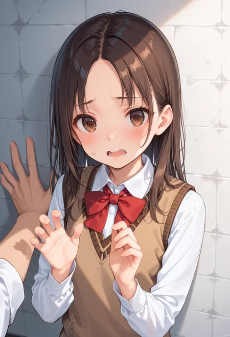 score_9, score_8_up, score_7_up, source_anime, <lora:Fixhands_anime_bdsqlsz_V1:1>, <lora:Expressive_H:0.62>, Expressiveh,
masterpiece, highres, ultra detailed, best quality, extremely detailed face, perfect lighting, 1girl, solo,
beautiful skin, shiny hair, shiny eyes, eyelashes, detailed eyes, (blush:1.4), petite body,
standing, back against wall, embarrassed face, sweatdrop, long hair, brown eyes, bangs, parted bangs, open mouth, round teeth, open mouthe, shirt, red bowtie, ribbon, wing collar, brown vest, brown sweater vest, sweater vest, vest, collared shirt, white shirt, long sleeves, fingernails, solo focus, upper body, indoor, pov,
<lora:refusing pose_pony_V1.0:0.6>, refusing pose, hands up,