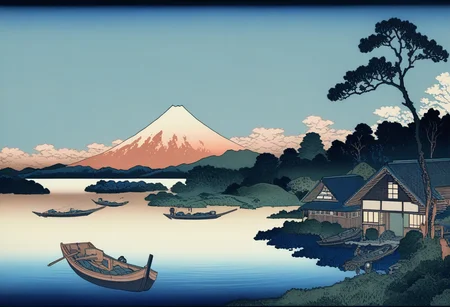 panoramic scenery, lake, boat, mount fuji, house, outdoors, (best quality), woodcut style, highly detailed, KHsty-XL <lora:KHsty-XL-v3-AN-000020:0.7>