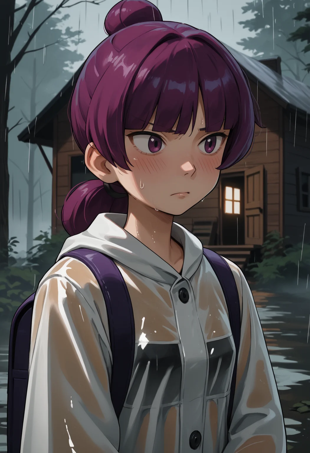 score_9, score_8_up,score_7_up, source_anime, 1girl, solo, <lora:Jptr_pdxl_EliPot:1>, gingadanjupiter, purple hair, purple eyes, medium hair,
cabin, woods, fog, horror \(theme\), backpack, raincoat, rain, exhausted, sigh,blush, sweat, sweatdrop, shiny skin,
