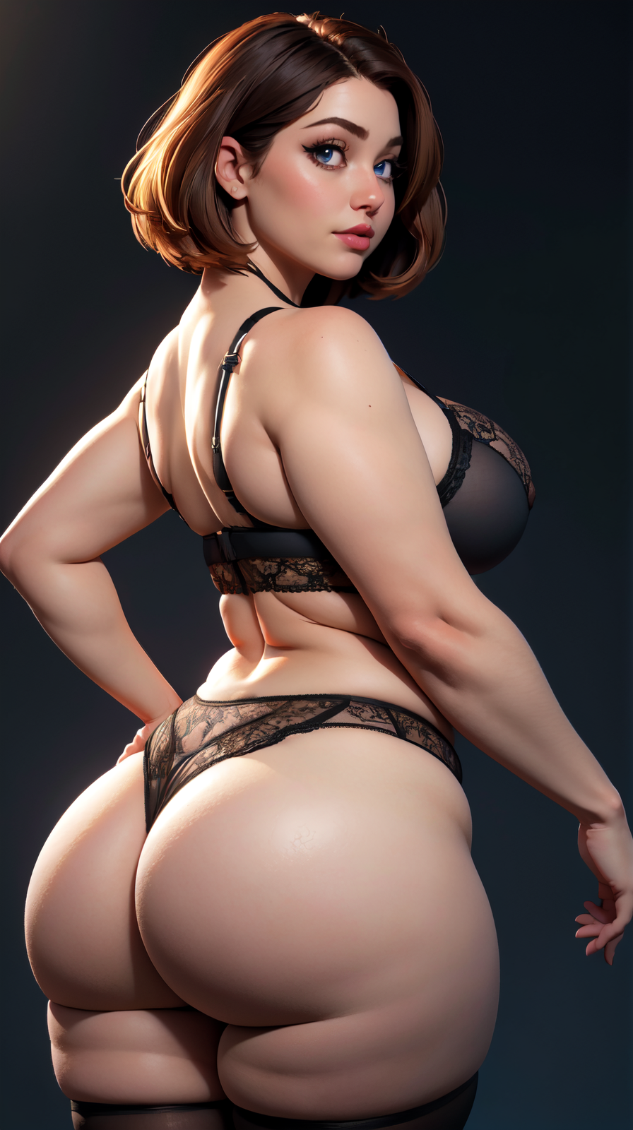 <lora:Vanessa_Harris:1> chubby, curvy, bbw, light hazelnut hair, bob haircut, blue eyes, full lips, ((Absurdres)), ((Masterpiece)), ((Beautifully Crafted Face)), ((Black Lace Lingerie: 1.2)), ((Black Micro-Thong: 1.2)),  ((Huge Breasts)), ((Narrow Waist)), ((Wide Hips: 1.2)), (((Big Round Ass: 1.5))), ((Thick Thighs: 1.2)), ((Black Thighhigh Stockings: 1.2)), ((Better Hands: 1.2)), ((Volumetric Lighting: 1.2)), Depth Of Field, Light Particle Effect, Detailed And Delicate Shot, Ray Tracing, 8k, hand, extremely detailed,