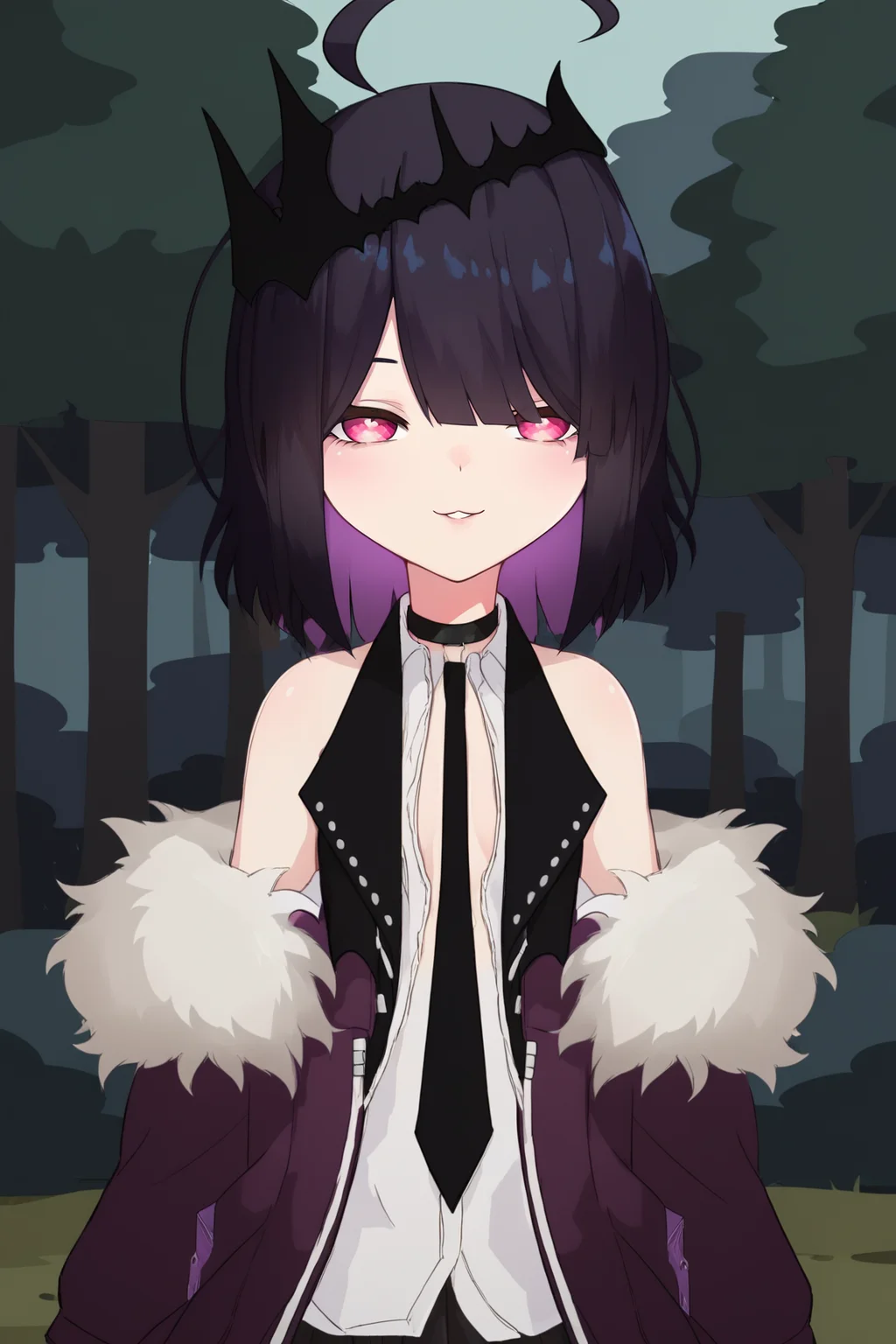 score_9, score_8_up, score_7_up, score_6_up, BREAK, AnniePrincessuGoticaVTPXL, pink eyes, black hair, purple hair, colored inner hair, medium hair, bangs, ahoge, black crown, flat chest, bare shoulders, black choker, black necktie, fur trim, purple jacket, off jacket, white shirt, open clothes, miniskirt, black skirt, pleated skirt, solo, front view, (portrait, upper body), solo focus, seductive smile, looking at viewer, forest, tree <lora:AnniePrincessuGoticaVTPXL:1>