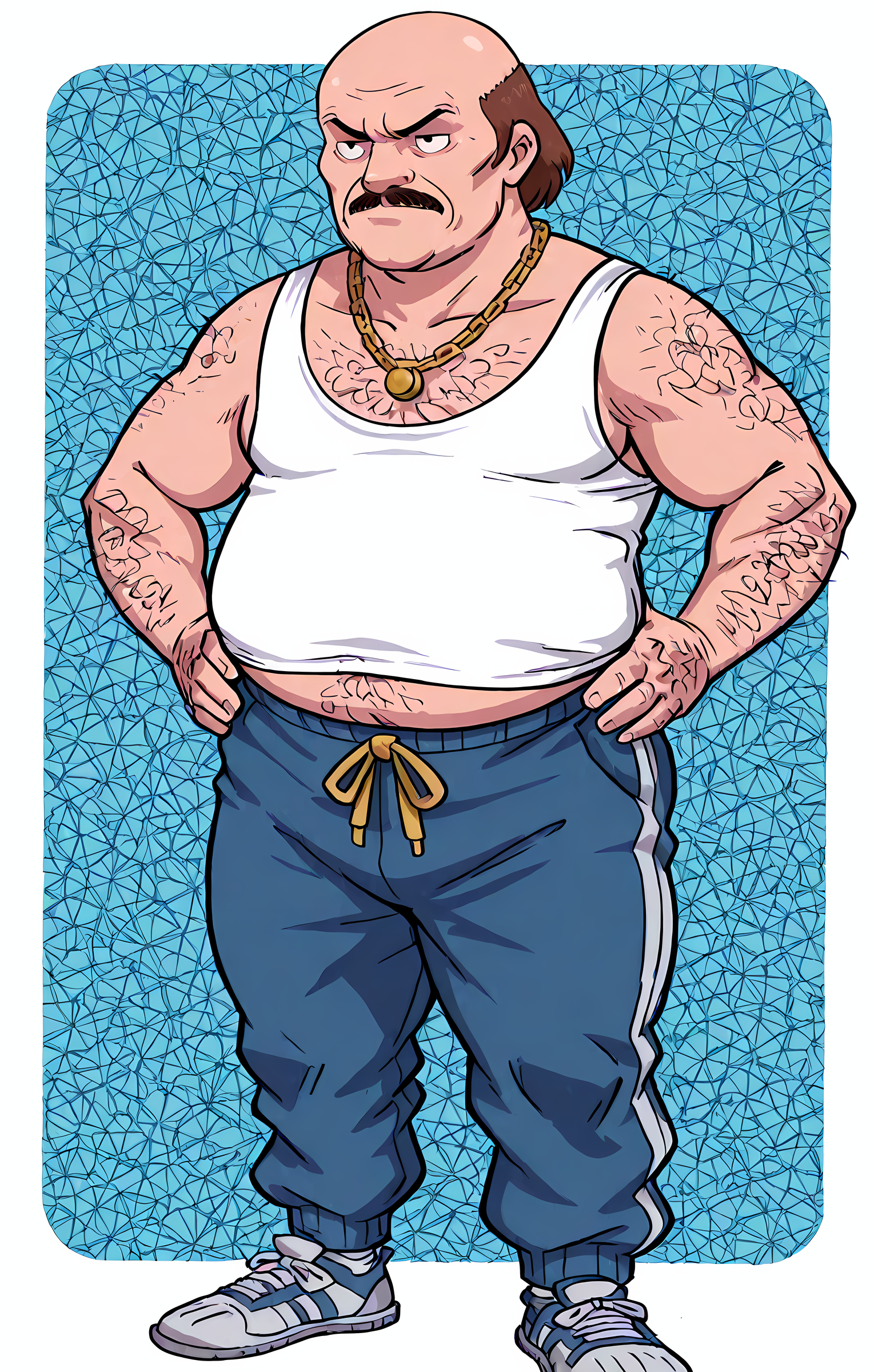 masterpiece, best quality, amazing quality, dutch angle, abstract background, toon style, BREAK
1boy, solo, male focus, mature male, athf_carl, bald, brown hair, mustache, hairy, tank top, overweight, blue sweatpants, gold chain necklace, BREAK 
 <lora:Carl Brutananadilewski - Aqua Teen Hunger Force - ILXL:1>, <lora:Arwes_Dynamism_Style-000008:1> arwe, dynamism <lora:h4ruk4m1XLP:0.8> h4ruk4m1 <lora:H3wl3ttXLP:0.8> h3wl3tt