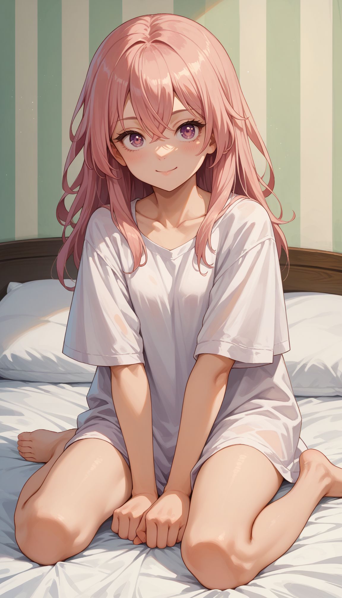 score_9, score_8_up, score_7_up, source_anime,  sit, bed, indoor, smile
 <lora:Inui Sajuna :1>ccsajuna,pink eyes,purple eyes,pink hair,long hair,hair between eyes,bangs,collarbone,shirt,white shirt,oversized clothes,short sleeves,barefoot