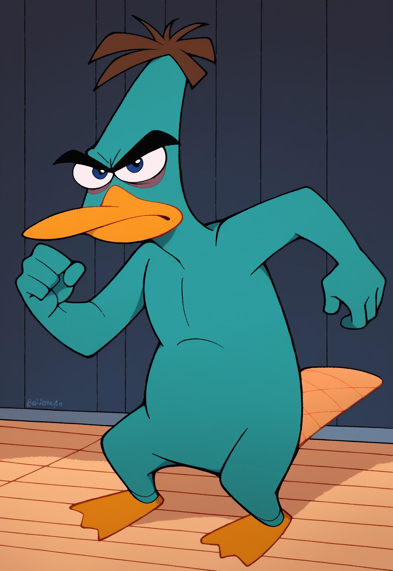c4toony style, Doofapus, platypus, sfw, score_9, score_8_up, score_7_up, score_6_up, score_5_up, score_4_up, source_furry, hi res, 2D artwork.

1boy, solo, teal fur, male furry, duck feet, orange feet, webbed feet, duck bill, orange beak, beaver tail, orange tail, blue eyes, serious expression, fighting stance.
 
front view, animal focus.

Indoors, dark purple walls,