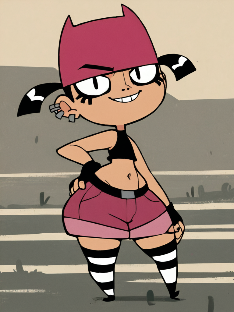 <lora:TiffPony1.0:0.8> tiff, 1girl, black hair, mascara, ear piercing, short hair, short twintails, solo, smile, pink cat hat, black eyes, black crop top, black fingerless gloves, navel, pink shorts, striped thighhighs, standing, looking at viewer, score_9, score_8_up, score_7_up, score_6_up, score_5_up, score_4_up, outdoors, hand on hand on own hip, short,short stack,