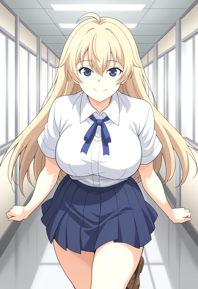 1girl, solo, maki jk genkai koubi anime style, blonde hair, long hair, ahoge, blue eyes, bangs, large breasts, smile, hair between eyes, closed mouth, maki's school outfit, white shirt, collared shirt, short sleeves, neck ribbon, blue ribbon, blue skirt, pleated skirt, brown footwear, loafers,  cowboy shot, looking at viewer, indoor, hallway, fullbody,