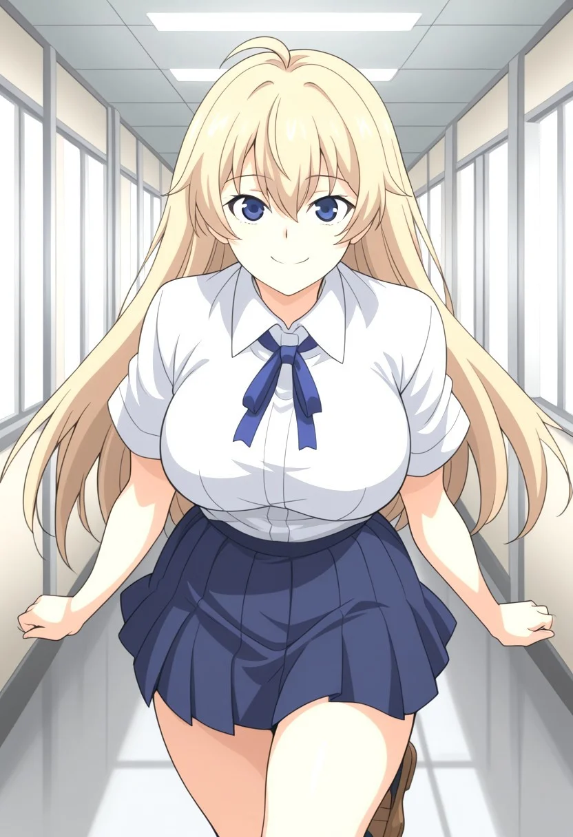 1girl, solo, maki jk genkai koubi anime style, blonde hair, long hair, ahoge, blue eyes, bangs, large breasts, smile, hair between eyes, closed mouth, maki's school outfit, white shirt, collared shirt, short sleeves, neck ribbon, blue ribbon, blue skirt, pleated skirt, brown footwear, loafers,  cowboy shot, looking at viewer, indoor, hallway, fullbody,