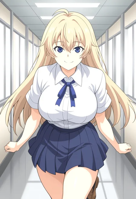 1girl, solo, maki jk genkai koubi anime style, blonde hair, long hair, ahoge, blue eyes, bangs, large breasts, smile, hair between eyes, closed mouth, maki's school outfit, white shirt, collared shirt, short sleeves, neck ribbon, blue ribbon, blue skirt, pleated skirt, brown footwear, loafers, cowboy shot, looking at viewer, indoor, hallway, fullbody,