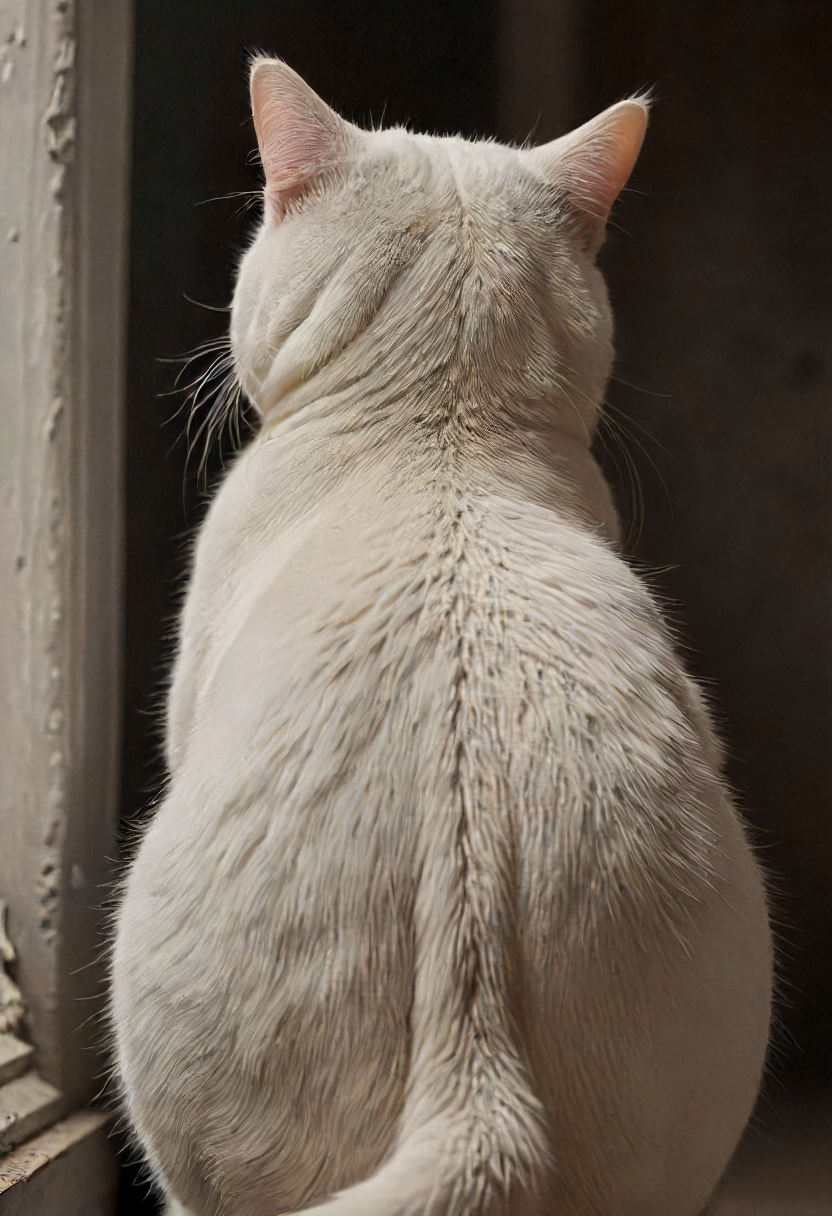 thicc white cat, backside, detailed, perfect composition , dark, muted, eldoria, <lora:eldoria:0.8>