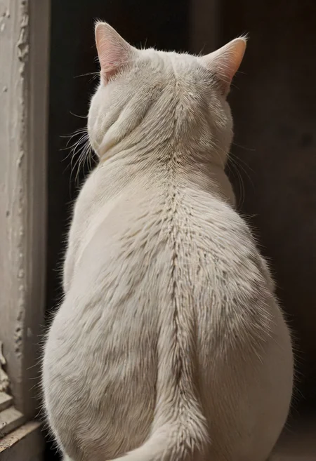 thicc white cat, backside, detailed, perfect composition , dark, muted, eldoria, <lora:eldoria:0.8>