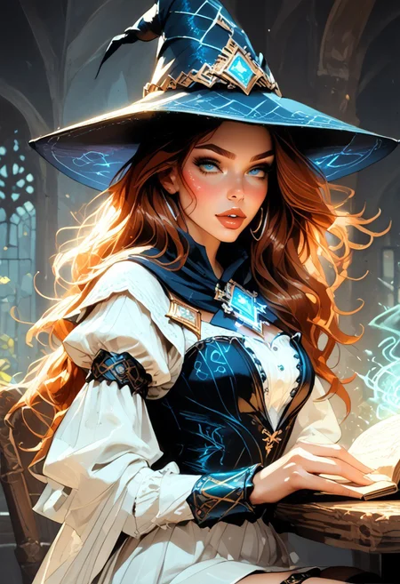 Safe_pos, (score_9, score_8_up, score_8), ((zPDXL3)), ((zPDXLxxx)), ultra detailed, high resolution, high quality, masterpiece, intricate details, intricate body, intricate landscape, knva, Expressiveh, hkmagic, missfortune, European Instagram Model, Sorceress, Wizard, Casting Thunder Magic Spells, Magic Circle, Thigh Strap, Tavern, midnight, 1girl, source_cartoon, Petite, ((Dark-Auburn Hair, Blue Eyes, Full Lips, Delicate and Smooth Skin, Blush Perfect Body, Highly Detailed, Glossy Lips)), ((Witch Hat)), Beautiful, Attractive, (Long Hair, Shiny Hair), (perfect round breasts, large breasts), (Wizard), ((Femme Fatale)), Tight-Fitting Blue-and-White Dress, Corset, Sexy, Belt, Brown Thigh-High Boots, Fantasy, Medieval, ((Extremely Detailed Face and Eyes)), Looking at Viewer, (Flirty Smile), Soft Lighting, Warm Lighting, Unique Angle, Unique Perspective, Dramatic Angle, ((Full Body)), From Above, Side Shot, ((Sitting on Tabletop, Arched Back, Leaning Back)), Tomes in Background, Magic Book, Ritual
<lora:add-detail-xl:1.5>,
<lora:Expressive_H:0.7>,
<lora:Kenva:1>,
<lora:incase_2024_new_style_upscaled_with_big_images:0.8>,
<lora:missfortune:0.65>,
<lora:Fantasy_Wizard__Witches_Pony:0.4>,