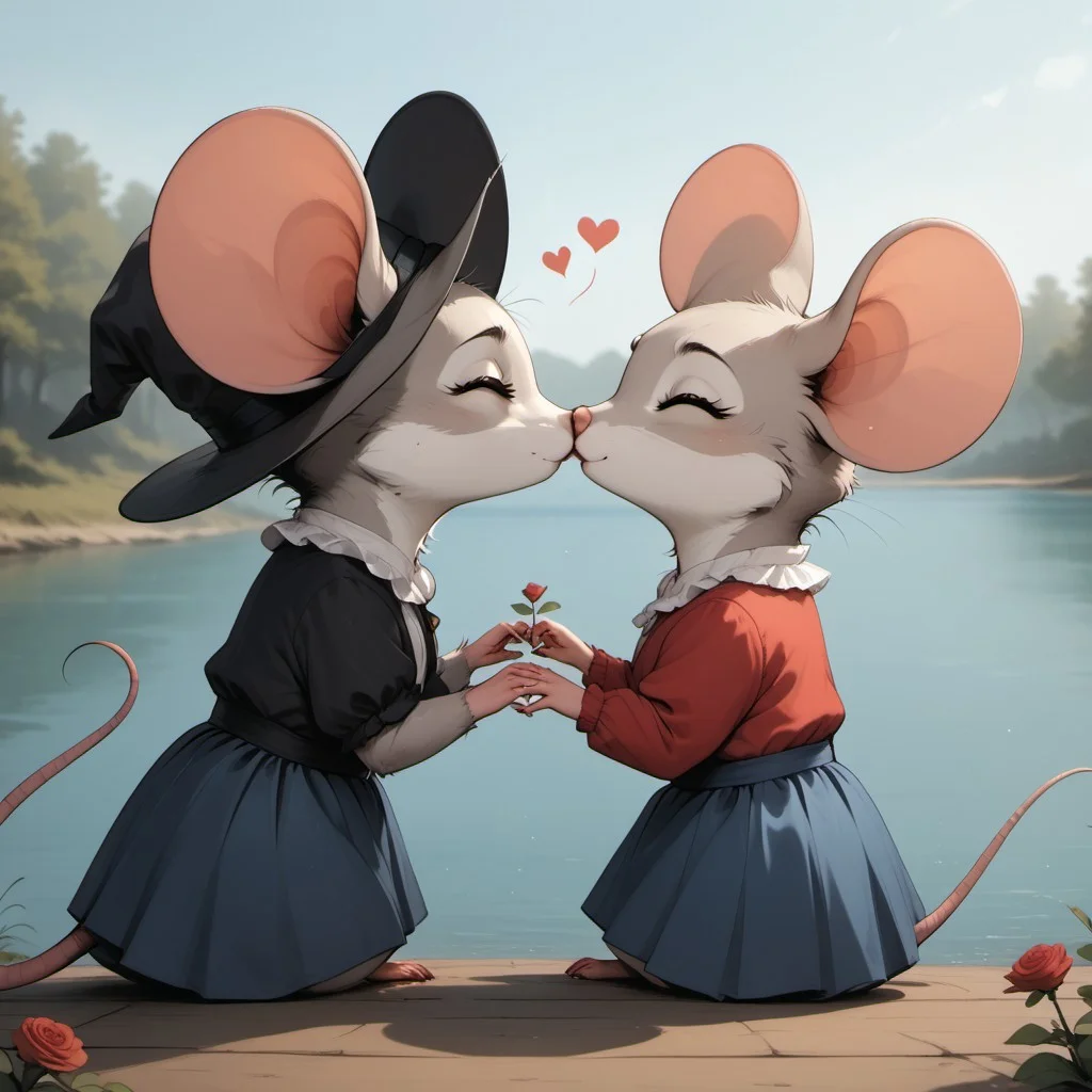 score_9, score_8_up, score_7_up, score_6_up, 
m0use_goldie, 2girls, duo, kissing, cute, hearts, roses, (eyes closed:1.2), 1 girl,
(white frilly shirt, blue skirt, grey fur), (mouse tail), (cute:1), (feral:1.5), sitting, outdoors, (lake, water:1.3), side view, pier, (haze:2), looking back, feet in the water, 1 girl, brown fur, fluffy fur, brown body, mouse ears, black robe, cute, romantic, witch hat, pink bow, ears through hat