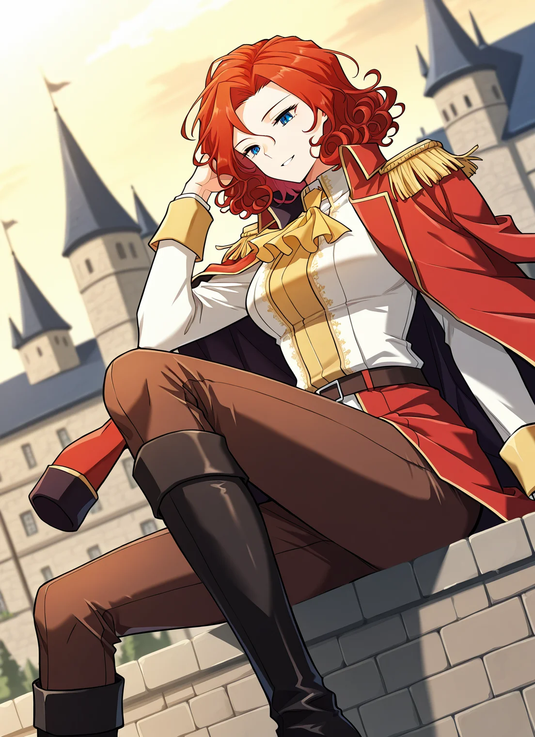 <lora:Alicia_Termina_Magentano__The_Greatest_Estate_Designer:1>
1 girl, solo, red hair, blue eyes, medium hair, curly hair
red jacket, jacket on shoulders, yellow ascot, epaulettes, high colar, brown pants, white shirt, long sleeves, black boots, knee boots
score_9, score_8_up, score_7_up, very aesthetic, source_anime, detailed, high quality, beautiful, masterpiece, detailed eyes, castle, village, blurry background, cityscape, pose dynamic angle, light smile, open mouth, hand on hair, sitting