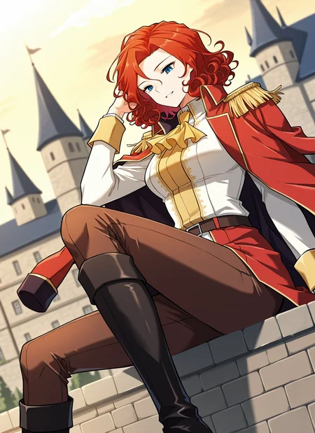 <lora:Alicia_Termina_Magentano__The_Greatest_Estate_Designer:1>
1 girl, solo, red hair, blue eyes, medium hair, curly hair
red jacket, jacket on shoulders, yellow ascot, epaulettes, high colar, brown pants, white shirt, long sleeves, black boots, knee boots
score_9, score_8_up, score_7_up, very aesthetic, source_anime, detailed, high quality, beautiful, masterpiece, detailed eyes, castle, village, blurry background, cityscape, pose dynamic angle, light smile, open mouth, hand on hair, sitting