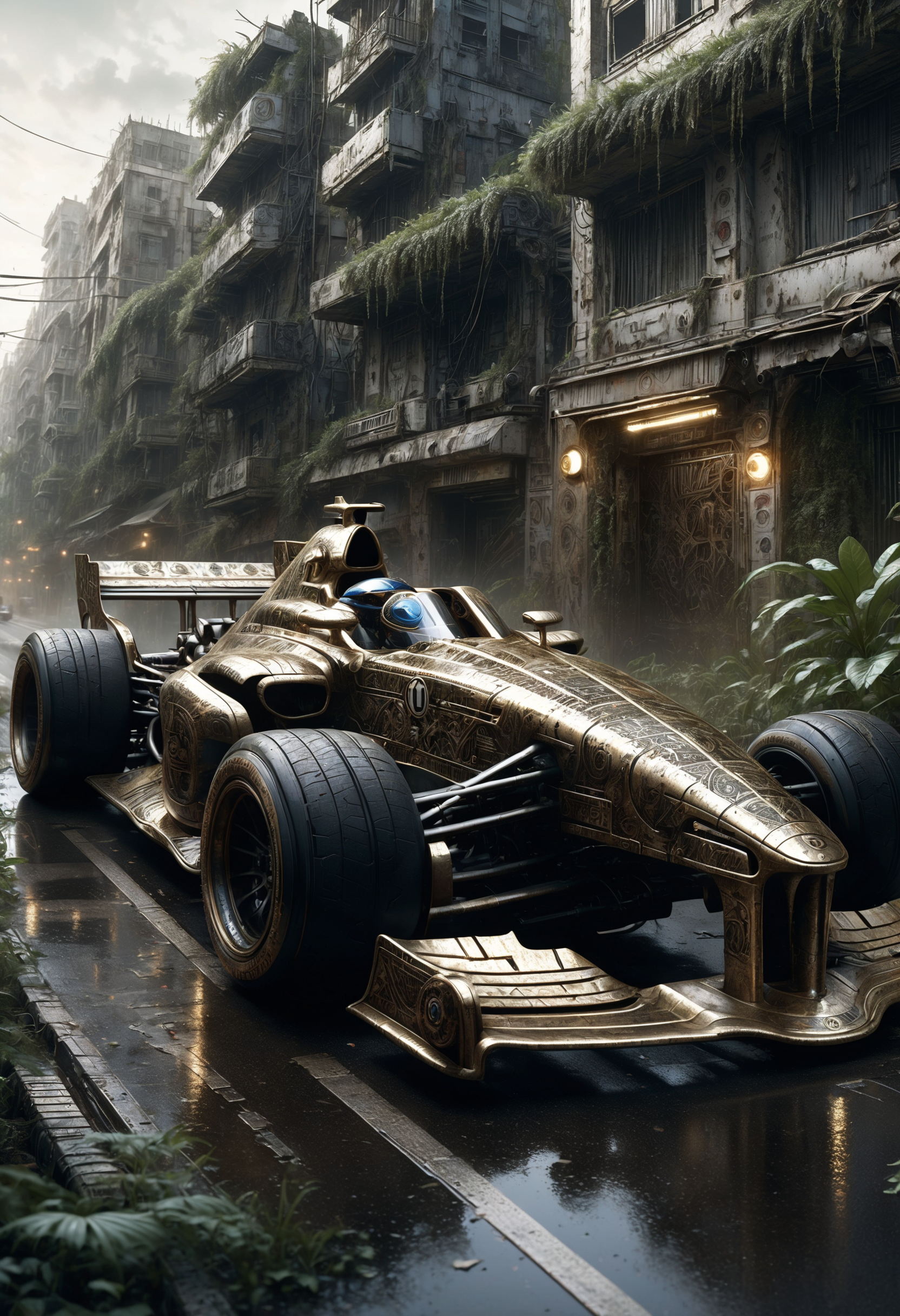 f1 car made of dvr-frft racing on a circuit, in a post-apocalyptic city overgrown with lush vegetation, by Luis Royo, by Greg Rutkowski, dark, gritty, intricate, backlit, strong rimlight, cover illustration, concept art, volumetric lighting, volumetric atmosphere, sharp focus
<lora:dvr-frft:0.8>