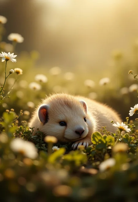32k,8k,dynamic,(ultra high res:1.4),National Geographic photography, cinematic, depth of field, bokeh, best quality, animal photography,macro wildlife photography, photorealistic, view from top, dutch angle,wild flowers everywhere, in fantastic antique forest, veryclose up photography of a whimsical chubby marmot, soft fluffy dry fur,sleeping, paws, belly,lying back in grass and moss, exposing belly to sun's warmth,belly lit by godray, relaxed, having a nap. Tilted head. Bees and butterflies flying around, in a sunny summer afternoon.The atmosphere gives an impression of peace and serenity, light and dust particles floating in sunrays, Vibrant Glow, rule of third, gold number proportions
