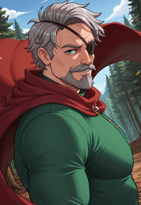 masterpiece, best quality, amazing quality, MarlonSV, medium hair, grey hair, green eyes, facial hair, mustache, eyepatch, mature male, muscular, red cape, green long sleeve shirt, looking at viewer, smile, dynamic pose, detailed background, dutch angle, portrait, blue sky, clouds, forest, leaves on the wind,