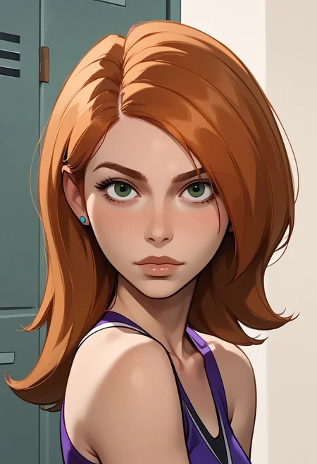 score_9, score_8, score_7, score_8_up, 1girl, bonnie and kim possible, (1petite, Kim Possible), Expressiveh, redhead, small neck, solo, freckles, (long hair, green eyes), smooth hair, medium hair, long eyelashes, collarbone, side view,  jewelry, piercings, close up view, (looking at viewer), close up view, in a school, light blue lockers, cheerleader top,